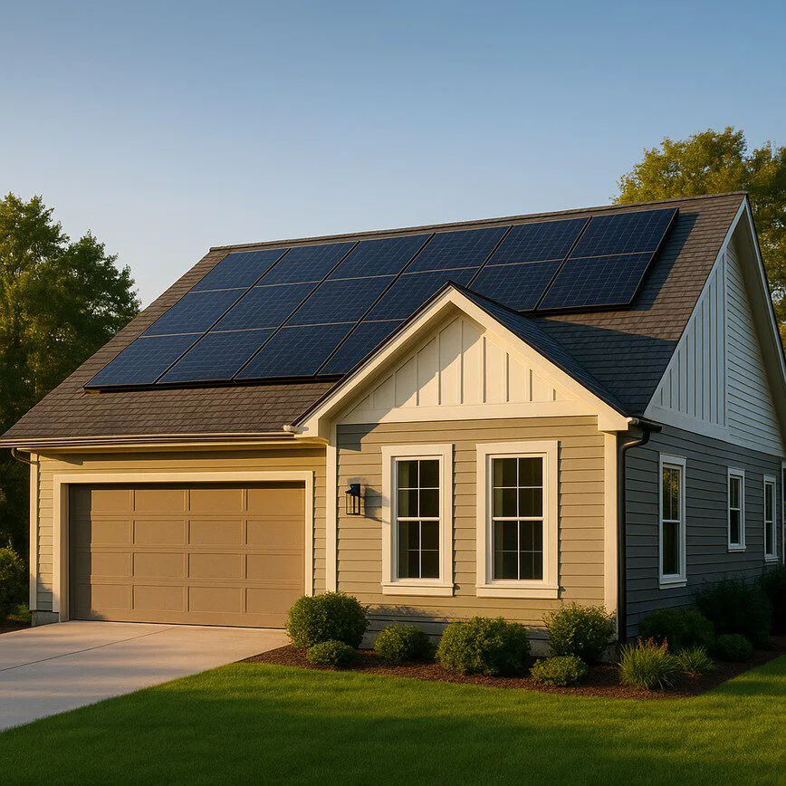 A modern home with solar panels on the roof, bathed in warm sunlight, representing the financial benefits and energy independence discussed in the 2026 solar financing guide.