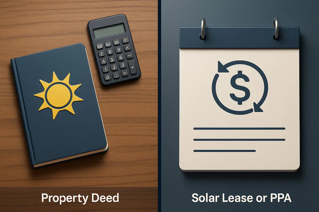 A split-image comparing solar financing: one side shows an ownership document for a solar loan, the other shows a calendar with low monthly payments for a solar lease or PPA.