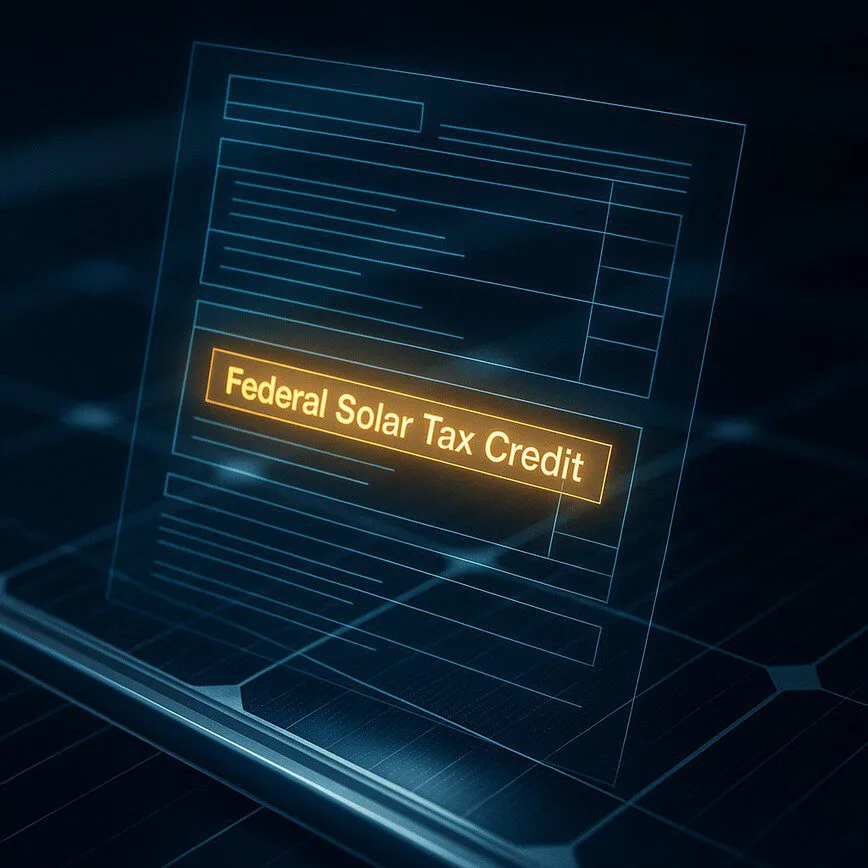 A close-up of a solar panel with a glowing overlay representing the Federal Solar Tax Credit, visually showing how government incentives reduce the cost of a solar system.