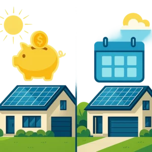 A conceptual illustration comparing a solar loan to a solar lease, showing a house with a piggy bank for ownership on one side and a calendar for rental payments on the other.