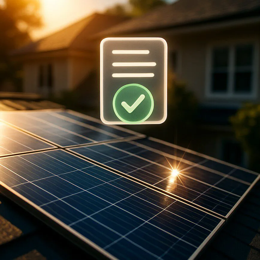 A close-up of a solar panel on a roof with a glowing icon representing the federal tax credits and financial incentives available to homeowners who purchase a system with a solar loan.