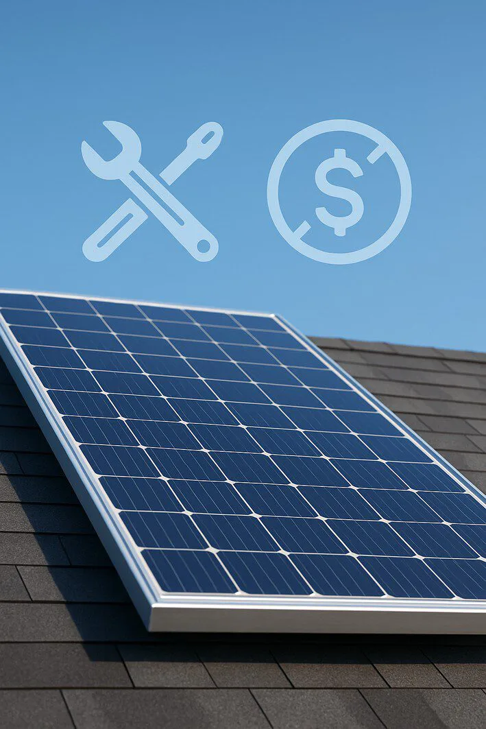 A 3D render of a solar panel with icons for 'zero down payment' and 'hassle-free maintenance,' symbolizing the main benefits of choosing a solar lease.