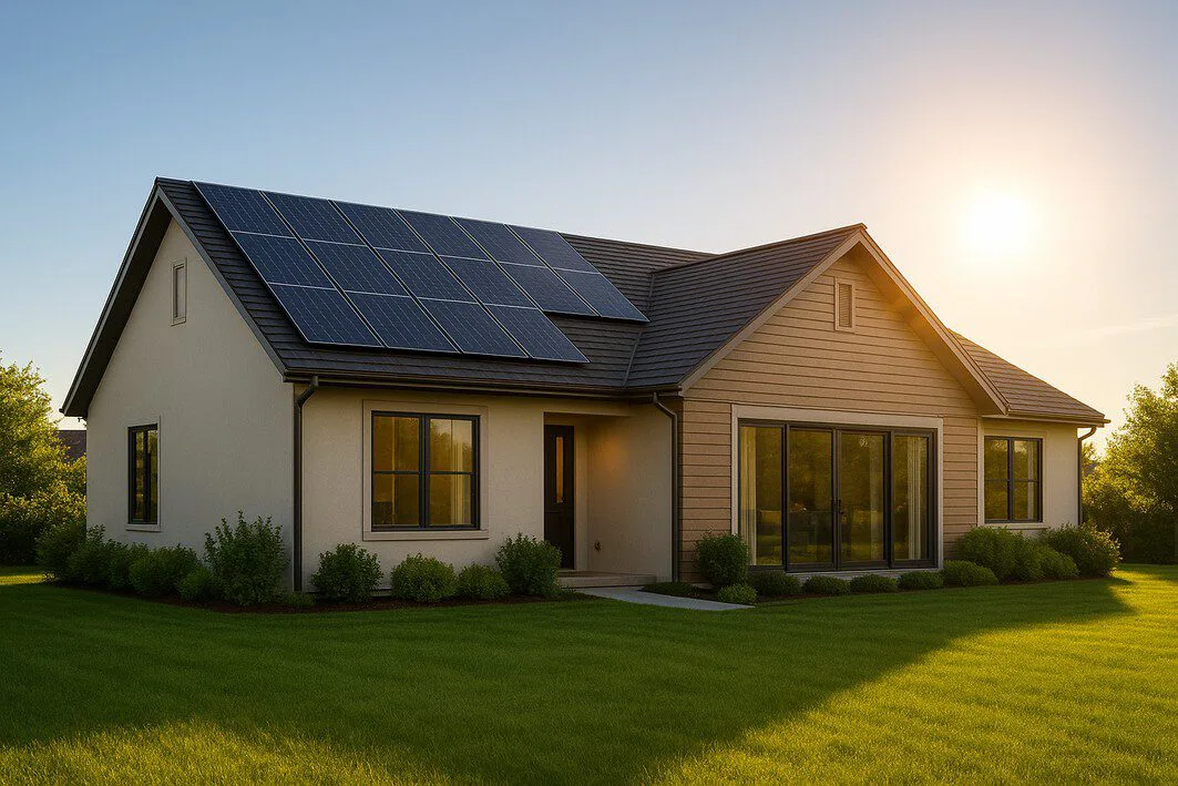 A modern, beautiful home with solar panels installed on the roof, bathed in the warm light of a setting sun, symbolizing the financial and environmental benefits of going solar.
