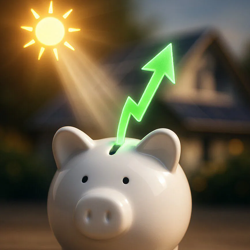 A piggy bank with a glowing green arrow rising from it, symbolizing the instant savings achieved from solar panels, which are visible on a roof in the background.