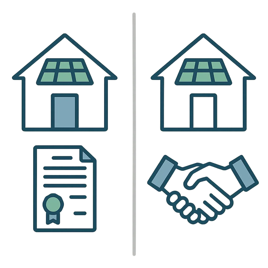 A comparison infographic showing the difference between a solar loan, represented by a house and an ownership deed, and a solar lease or PPA, represented by a house and a handshake.