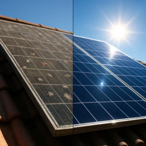 A split image showing the difference in solar panel efficiency. The left side is a dirty, inefficient panel, and the right side is a perfectly clean panel operating at peak performance under a bright sun.