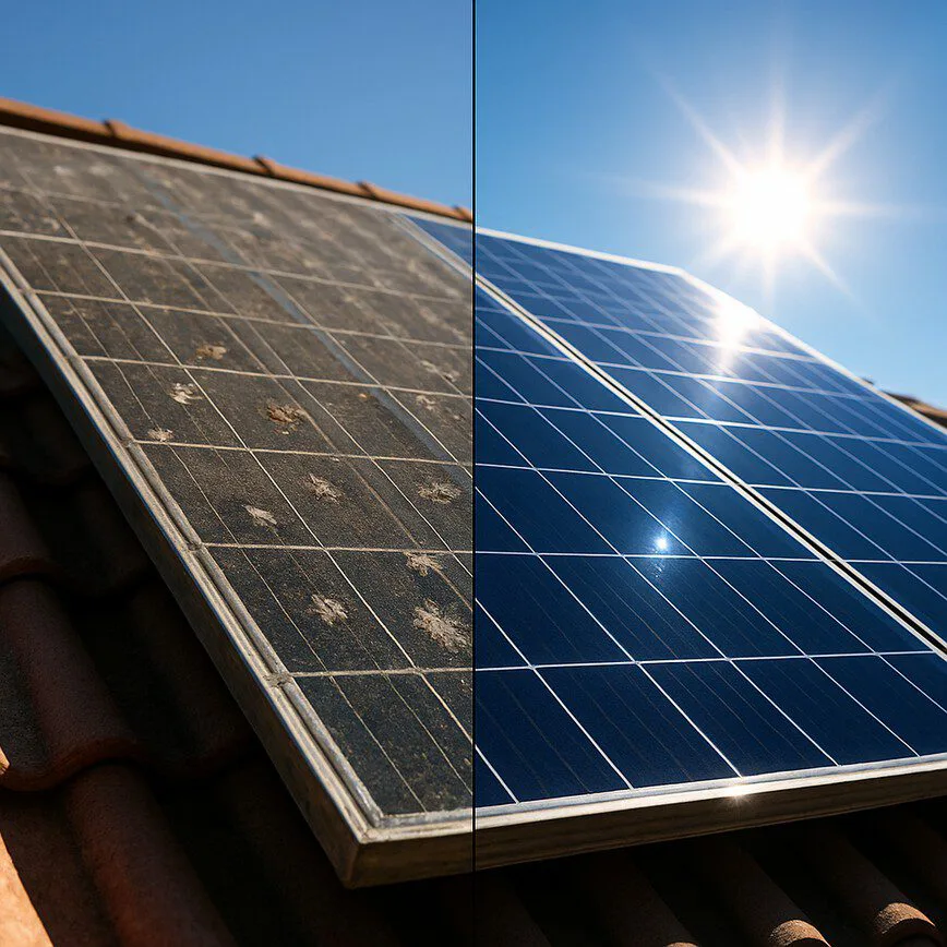 A split image showing the difference in solar panel efficiency. The left side is a dirty, inefficient panel, and the right side is a perfectly clean panel operating at peak performance under a bright sun.