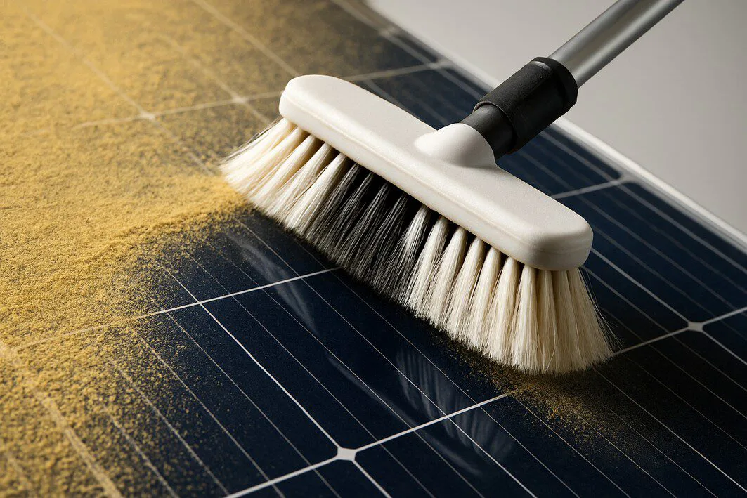 A close-up of a soft brush on a pole cleaning a thick layer of dust from a residential solar panel, illustrating a key maintenance tip for solar efficiency.