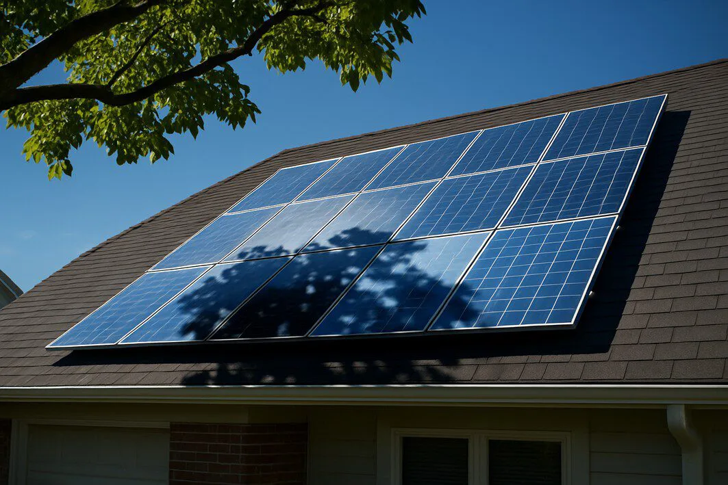 A residential roof with solar panels where a large tree branch is casting a significant shadow over part of the array, demonstrating how shading reduces solar energy production.